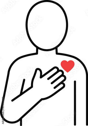 Simple line art illustration of a person with a hand on their chest, a red heart symbol on the chest area.