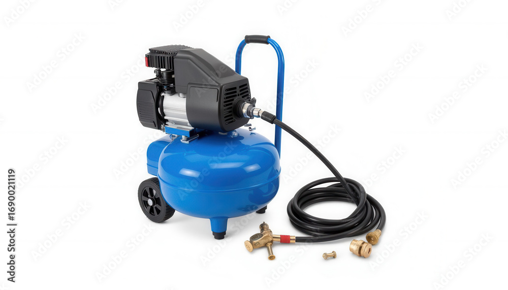 Fototapeta premium Air compressor with high-pressure hose and fittings on white background 