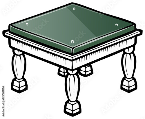 Illustration of a vintage coffee table with an elegant green glass top and turned wooden legs