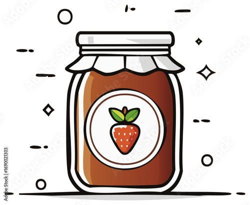 Cartoon style illustration featuring strawberry jam in jar with white background design elements