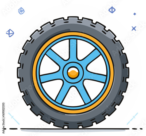 Illustration of a cartoon tire with a blue rim and orange accents, isolated graphic