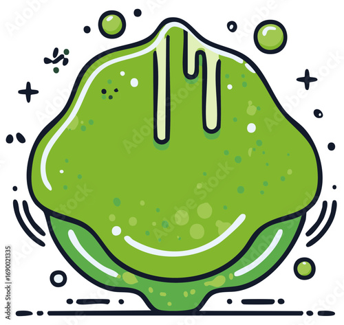 Vibrant green gooey blob monster character with dripping liquid texture and whimsical sparkles