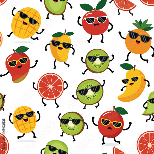 Cartoon fruit characters wearing sunglasses in a fun seamless pattern design, patern seamless, Stock royalty.