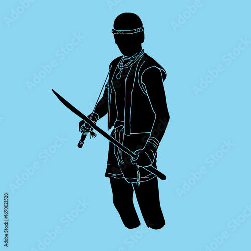 Black silhouette of a swordsman, vector illustration, blue background