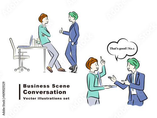 会話するビジネスマン｜デスクに寄り掛かり立ち話,ノートパソコンでプレゼンテーション｜ビジネスシーン