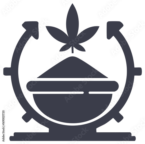 Cannabis leaf above ground material in a bowl with circular arrows icon representing natural product processing