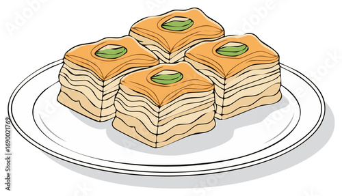 Sweet baklava dessert on a white plate with pistachio garnish