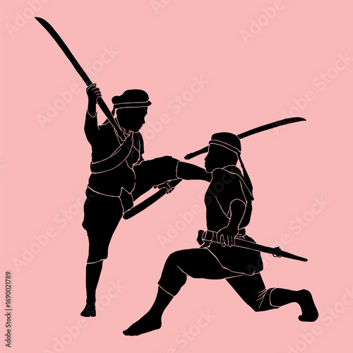 Black silhouette drawing of a swordsman, vector illustration