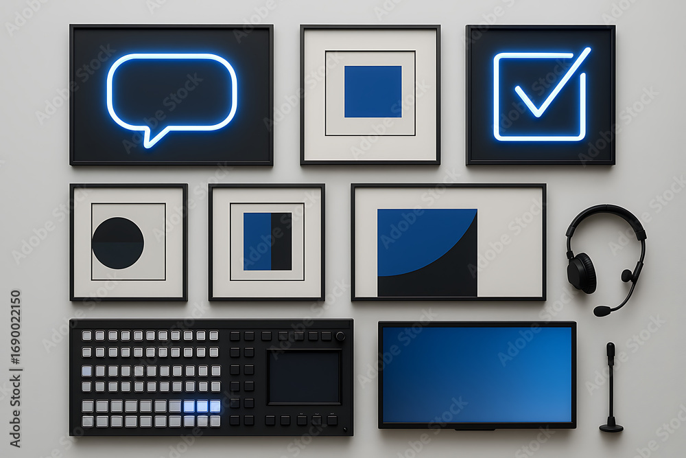 Technological Harmony: An artistic display of technological icons including a glowing speech bubble, a checkmark, geometric shapes, a keyboard. Technological Harmony: An artistic display of technological icons including a glowing speech bubble, a checkmark, geometric shapes, a keyboard.