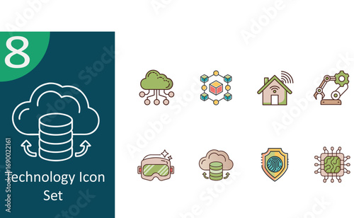 Technology icons representing cloud computing, automation, and smart homes in a colorful design