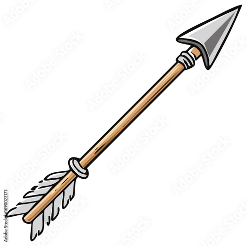 Cartoon style arrow illustration. Hand drawn wooden arrow with metal point and fletching.