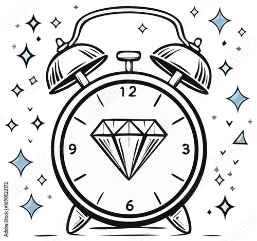 Alarm Clock with Diamond Center Illustration in Black and White with Sparkling Accent Stars