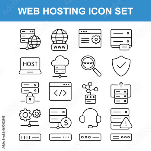 Web Hosting Icon Set Featuring Network, Server, and Cloud Elements
