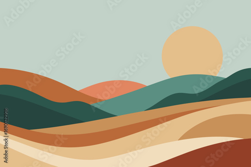 Abstract Landscape with Rolling Hills and Rising Sun in Muted Earth Tones Art