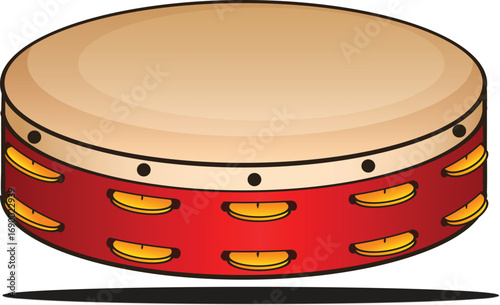 Illustration of a red tambourine percussion instrument with golden jingles