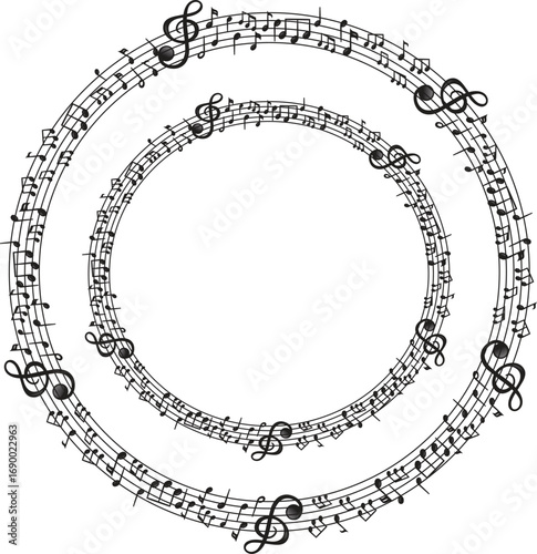 Abstract music-themed round design with staff lines and melody notes