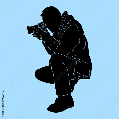 Black silhouette drawing of a photographer, cartoon illustration, vector, white background