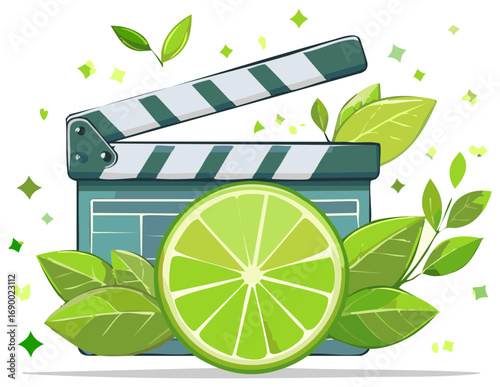 Fresh limes movie clapper vibrant film slate with leaves and bright green color palette
