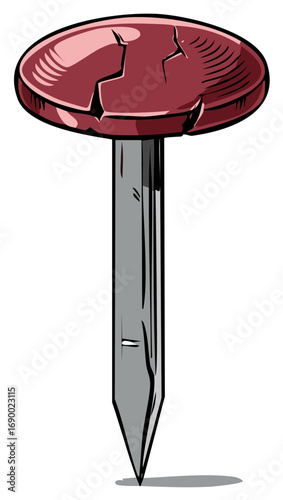 Vector art of a single red pushpin with a cracked and damaged plastic head