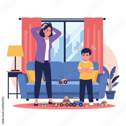 Frustrated mother dealing with a defiant child amidst scattered toys in a living room