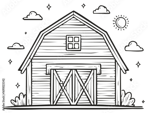 Line art illustration of rustic barn with sliding doors under sunny sky with fluffy clouds