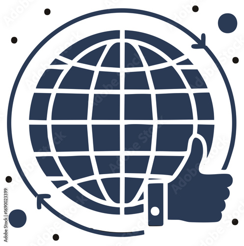 Global Approval Icon with Like Gesture and Orbiting Arrows Symbolizing Worldwide Support