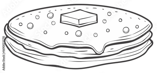Black and white line art illustration of a tall stack of pancakes with butter and syrup