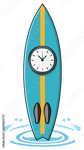 Conceptual Illustration of a Surfboard with a Clock Face in the Water