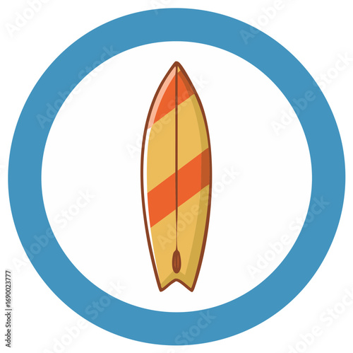 Cartoon illustration of a yellow and orange striped surfboard inside a blue circle