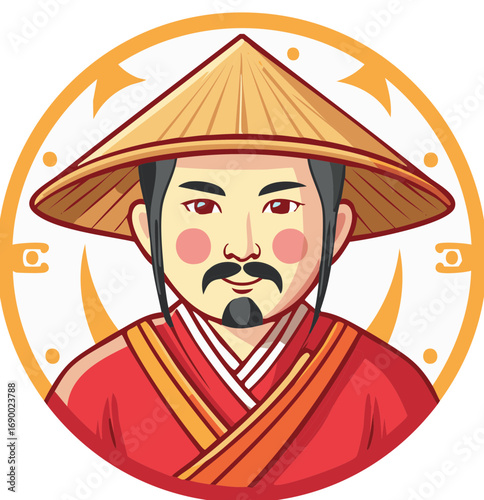 Asian Man with Traditional Conical Hat and Red Robes