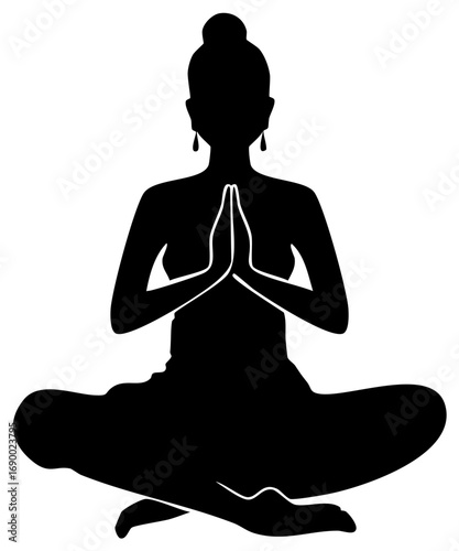 Tranquil figure meditating in lotus pose with Namaste gesture symbolizing inner peace and wellness