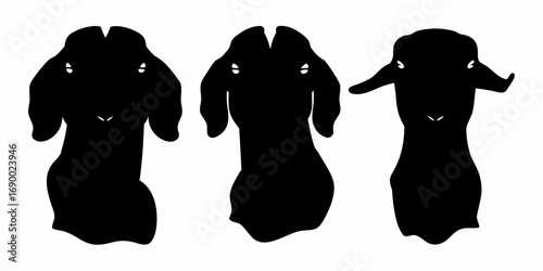 Three silhouettes of sheep heads facing forward in a row against a white background shown in black | editable eps vectors