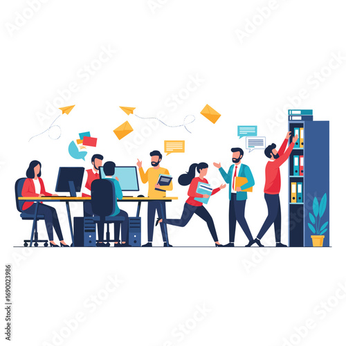 Dynamic team collaborates efficiently in modern office, brainstorming ideas and organizing information seamlessly