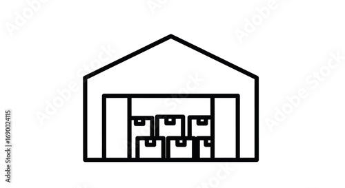 Simple Line Art Icon of Warehouse with Stacked Boxes.