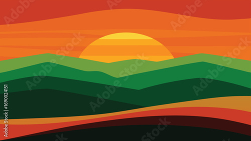 Abstract Sunset Over Green Hills Landscape Warm Colors, Minimalist Design, Scenic View