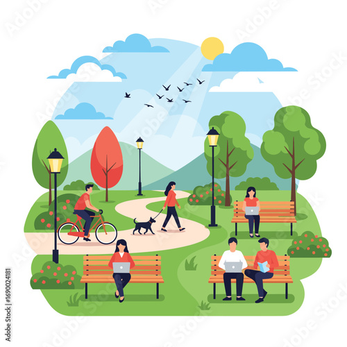 Vibrant park scene with people cycling walking and working outdoors under sunny skies