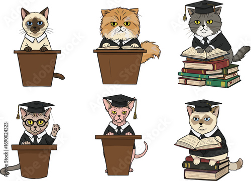 Cartoon cats graduation illustration, funny academic cats in gowns, smart kitty students, scholarly feline professor, university education animals, studying cats with books