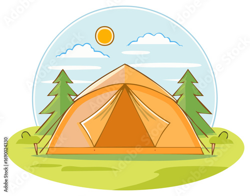 Cartoon illustration of a camping tent in a sunny forest clearing for outdoor adventure