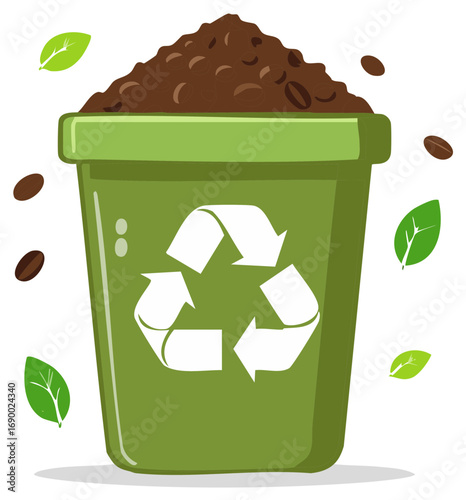 Coffee grounds and beans in a green recycling bin for composting a sustainable eco friendly concept illustration
