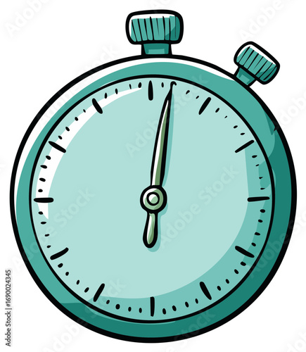Analog Stopwatch Cartoon Illustration, Time Keeping, Teal, and Countdown Symbol