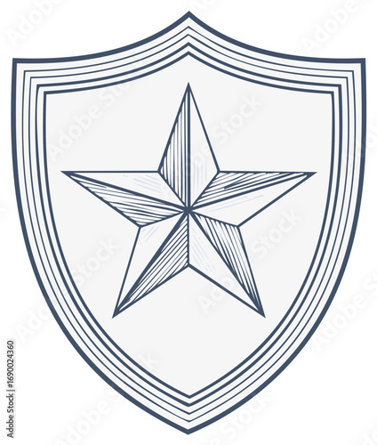 Vintage Hand Drawn Shield with Five Pointed Star Emblem and Engraved Details