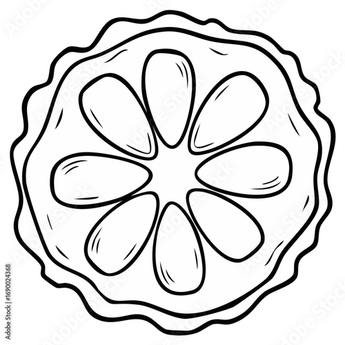 Black and white outline drawing of a fresh citrus fruit slice with detailed pulp segments