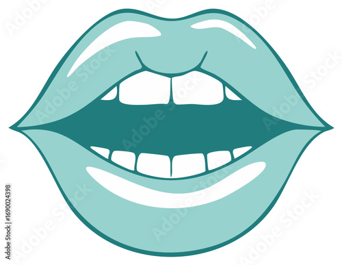 Stylized open teal lips with teeth in illustration style for beauty and healthcare concepts