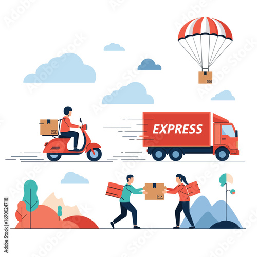 Swift delivery services move packages via truck, scooter, and parachute for urgent shipping needs