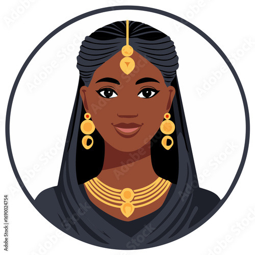 Elegant illustrated portrait of a beautiful woman with dark skin, traditional gold jewelry, and draped attire.