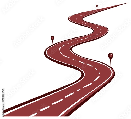 Maroon winding road illustration with dashed lines and map pin indicators isolated against white for vector background use.