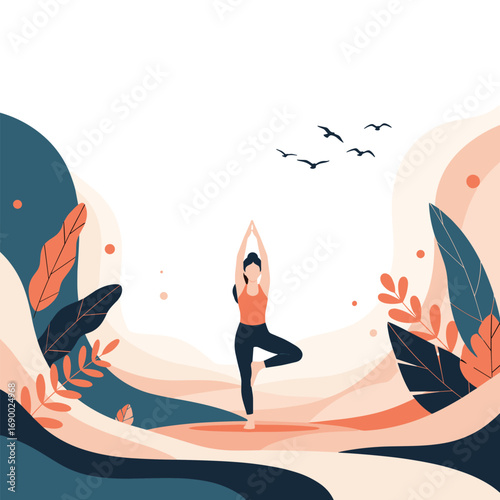 Serene woman finds balance and peace practicing yoga amidst vibrant nature and soaring birds