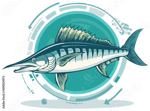 Stylized marlin fish design with circular geometric pattern and arrow elements in teal tones, fishing and sea life illustration