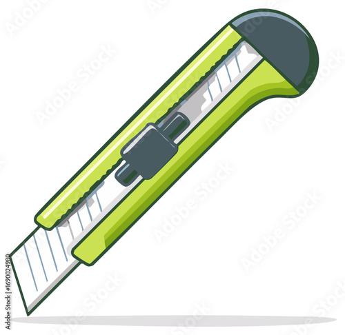 Green utility knife with sharp blade extended ready for cutting and slicing materials