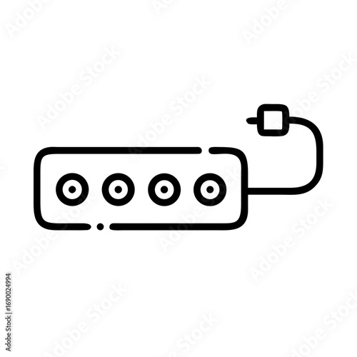 Illustration of a power strip with four sockets and a plug attached. It's a simple, clean line drawing suitable for various purposes.